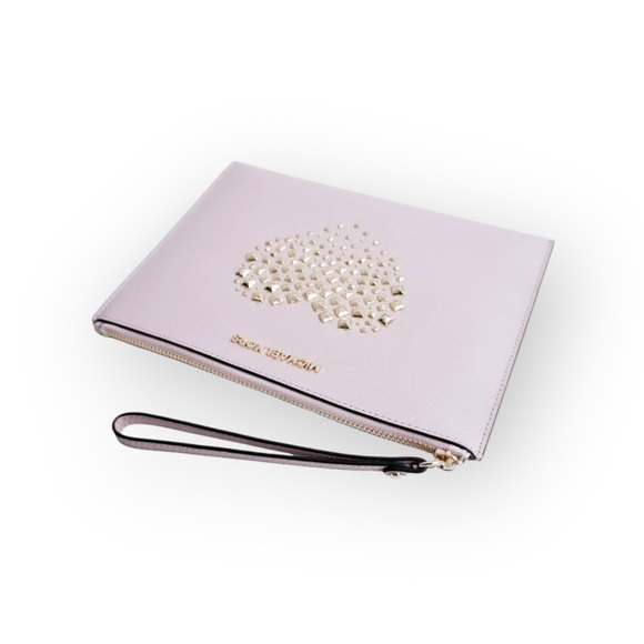 Michael Kors ❤︎︎ Adele Jet Set XL Zip Clutch ❤︎︎ Ballet Pink ❤︎︎ Gold Heart Stud - Picture 13 of 16